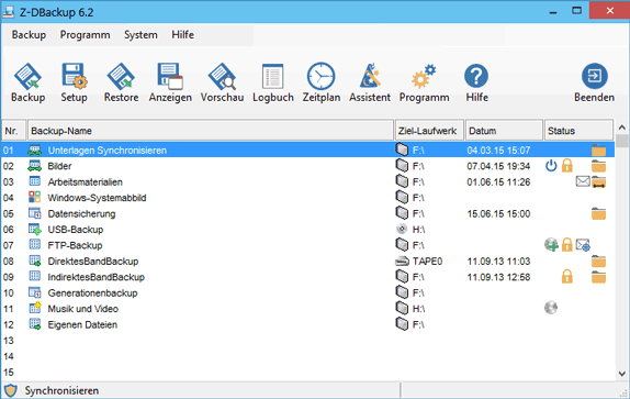Screenshot Hauptfenster Z-DBackup Software