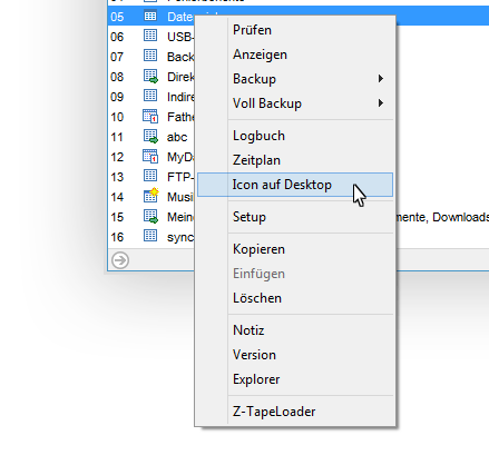 1-Klick Datensicherung im Kontext-Menü von Z-DBackup