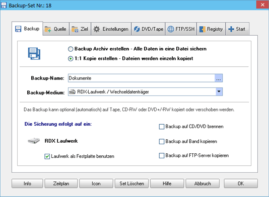 Backup Einstellungen RDX Laufwerk