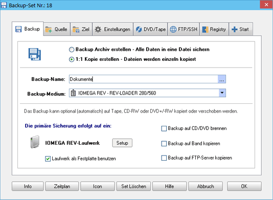 Backup Einstellungen REV Laufwerk