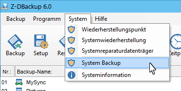 Windows System Backup System Backup Menu