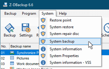 Windows System Backup System Backup Menu