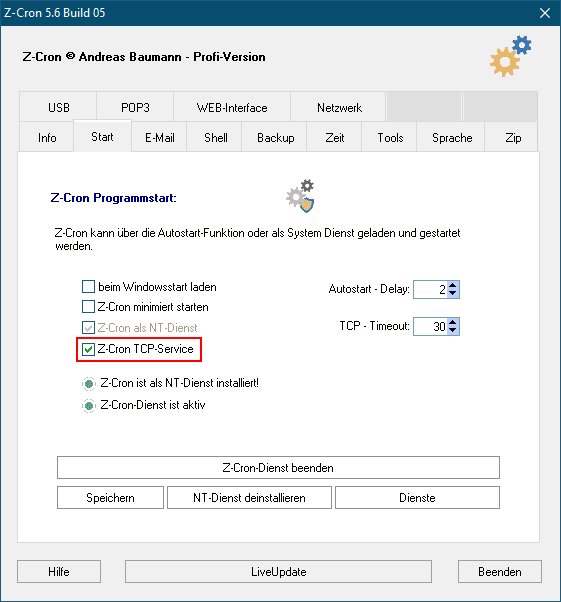 Automatisierung im Netzwerk Z-Cron TCP Service Einstellungen