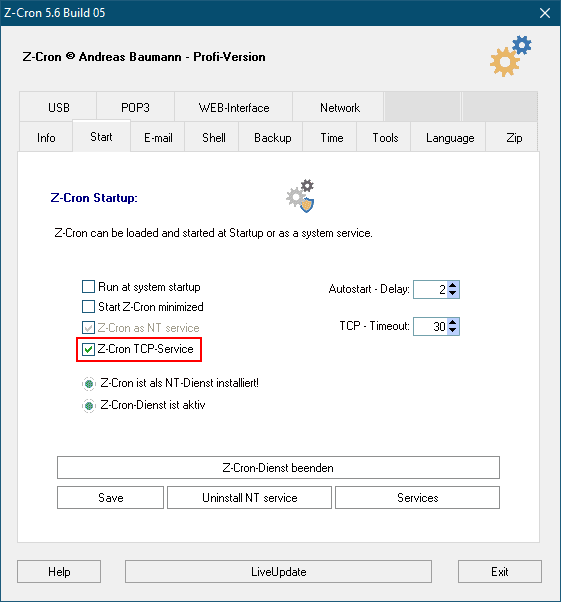 Automated Actions in a Network Z-Cron TCP Service Settings